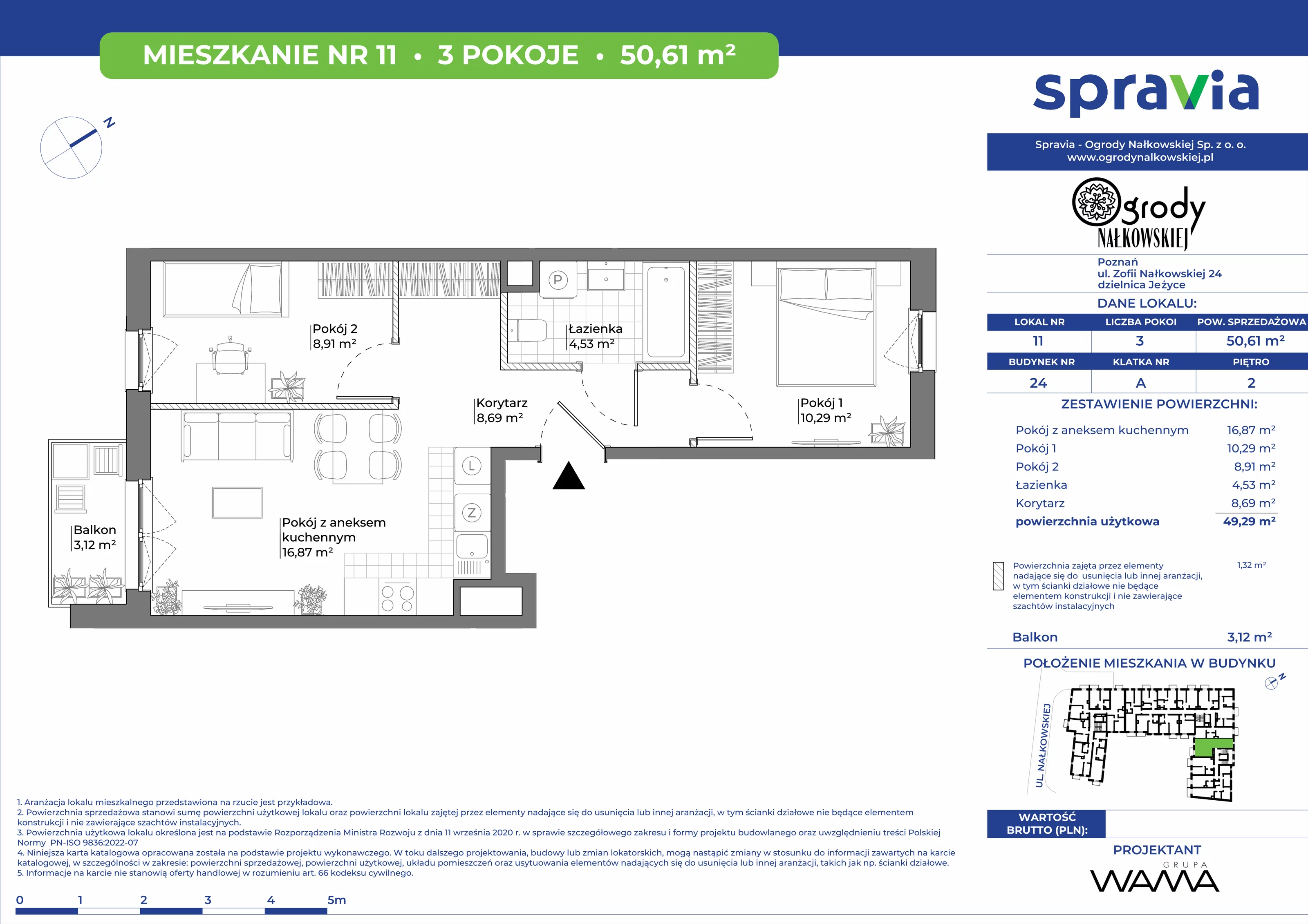 3 pokoje, mieszkanie 50,61 m², piętro 2, oferta nr 24-11, Ogrody Nałkowskiej, Poznań, Ogrody, ul. Nałkowskiej 24, 26